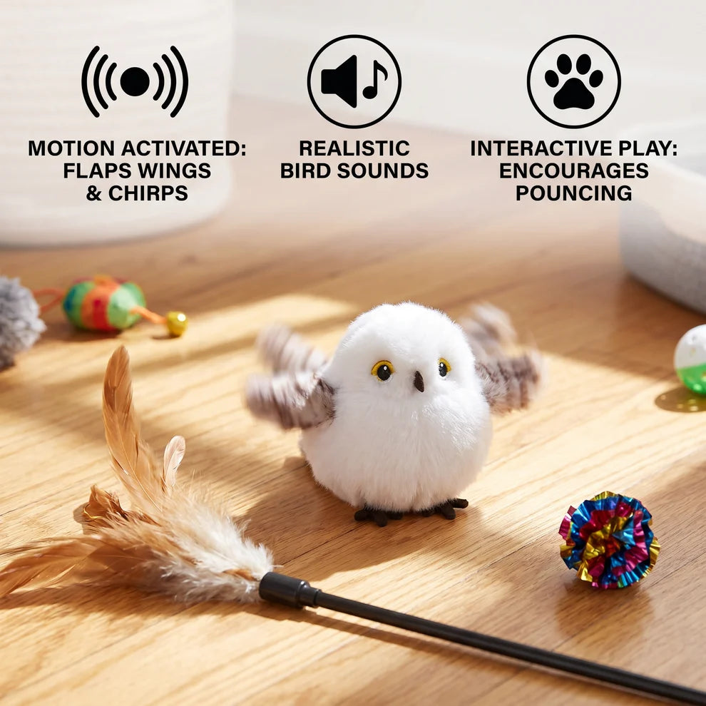 Fluttering and chirping bird cat toy