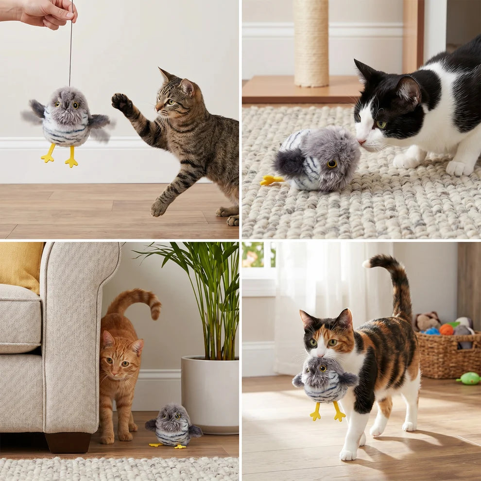 Fluttering and chirping bird cat toy